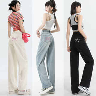 Quần Kaki Nữ Lưng Cao MIAA Ống Suông THÊU NƠ Túi Sau Cá Tính, Quần Jean Nữ Ống Rộng Hottrend