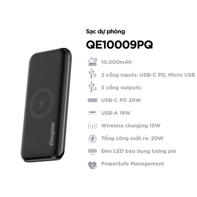 Pin Sạc Dự Phòng Không Dây 10000mAh, Wireless 15W, Sạc Nhanh PD 20W, Chính Hãng, Bảo Hành 1 Năm