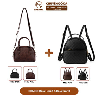COMBO 20.10 Túi xách và Balo thời trang cao cấp Hanama Túi Da Emi10 Hera1 hai mầu lựa chọn Nâu và Đen khóa Kem mạ Đồng