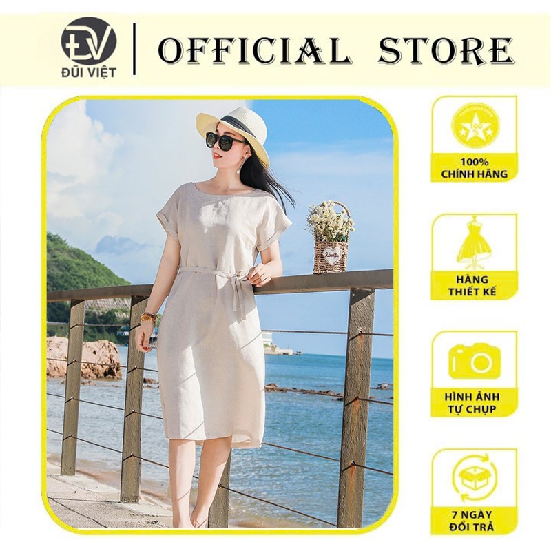 Váy linen cổ tròn- Đầm midi linen suông [ đi biển + đi làm + đi dạo+ chất linen ]