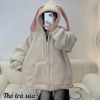 Áo Khoác Nỉ Tai Thỏ Hồng , Áo Hoodie zip chất nỉ bông mũ trùm 2 lớp form rộng unisex cực xinh cực hot 2025