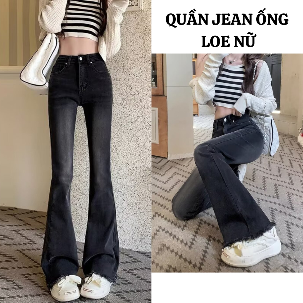 Quần jean nữ ống loe cạp cao màu Xám đen Retro phong cách trẻ trung Lưng cao chất jean co giãn không