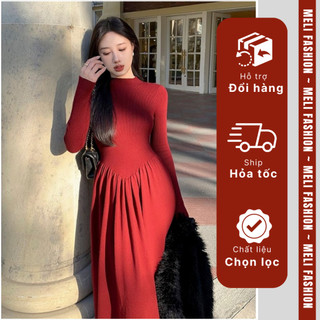 Đầm đỏ đô mùa đông mix chân váy xòe MELI sang trọng đi tiệc, đi chơi [V253]