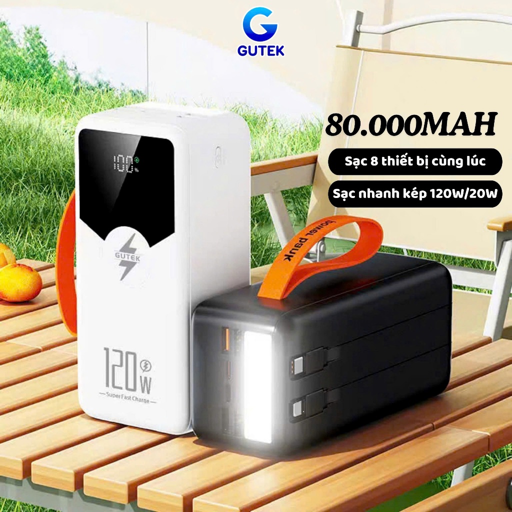 Sạc dự phòng 80000mAh sạc nhanh 120W pin dung lượng lớn có dây cắm nhiều điện thoại - Gutek GT240