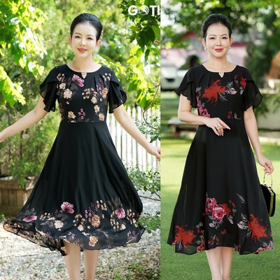 GOTI Thời Trang Quý Bà U50 U60 Sang Trọng Với Đầm Xòe Cao Cấp Vải Voan Mềm Mịn Có Size 46-73kg 3339