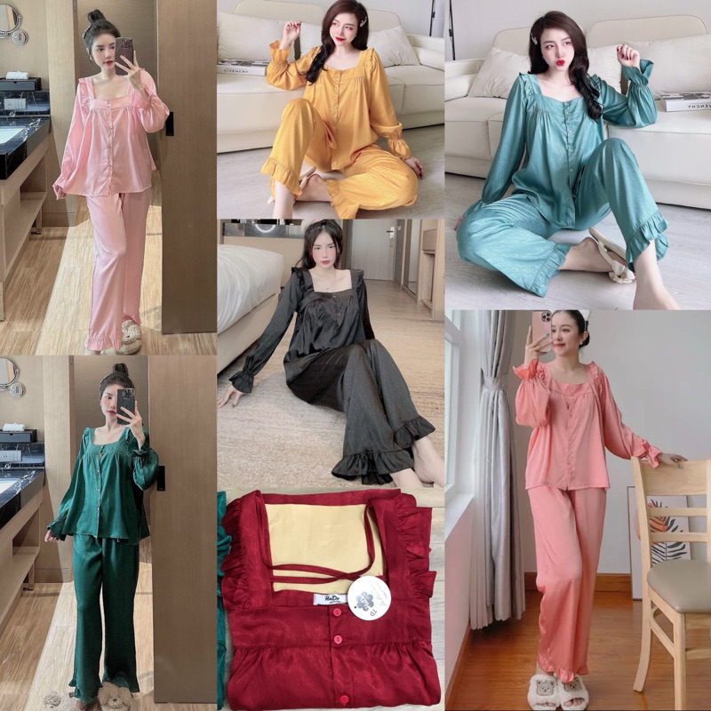 Bộ Pijama Tiểu Thư Sang Chảnh Lụa Xước Ánh Kim Cổ Vuông Mới Tay Dài Tay Ngắn Tiểu Thư Xinh Xắn