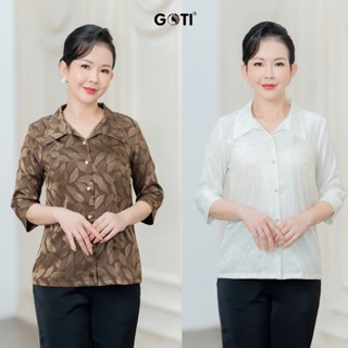GOTI Thời Trang Trung Niên Bigsize Áo Nữ Gấm Hoa Cao Cấp Tay Lững Cổ Bẻ Phối Nút Quà Tặng Mẹ 3A53