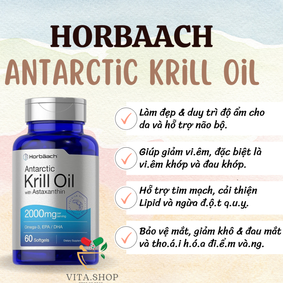 Horbaach Antarctic Krill Oil 2000mg Viên Uống Dầu Nhuyễn Thể Hỗ Trợ Tim Mạch, Thị Lực & Trí Nhớ 60v
