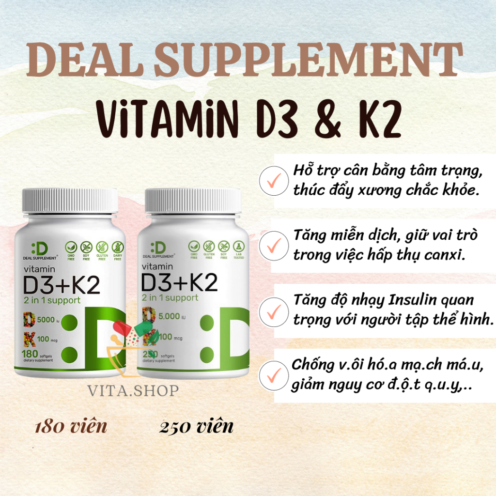Deal Supplement Vitamin D3 5000IU K2 MK7 100MCG - Viên D3 K2 hỗ trợ chắc khỏe xương, tim mạch 180v