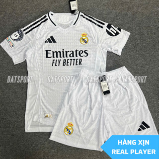 Bộ quần áo bóng đá player CLB Real Marid sân nhà 2024/25 màu trắng logo cao su non vải thái cao cấp có nhận in tên số