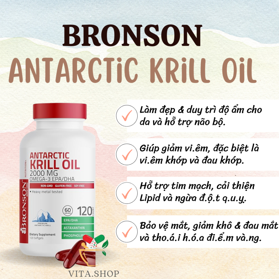 Dầu Nhuyễn Thể Bronson Antarctic Krill Oil Omega 3 EPA/DHA 2000mg Viên Uống Bổ Mắt, Hỗ Trợ Tim Mạch