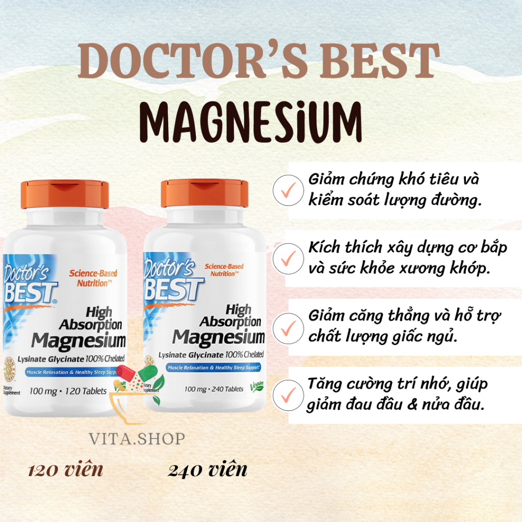 Doctor's Best High Absorption Magnesium Chelated 200mg - Viên Uống Bổ Sung Magie 120 viên