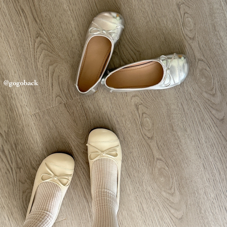 Giày búp bê nữ Lolita mũi tròn đính nơ đế bệt lót êm màu bạc/be BB2 Taoladyshoes