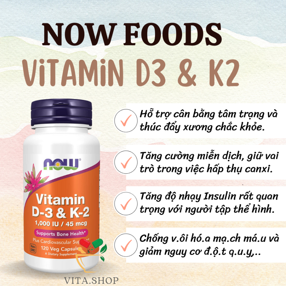D-3 K-2 Now Vitamin D3 1000IU & K2 45mcg hỗ trợ xương khớp, tăng miễn dịch 120 viên