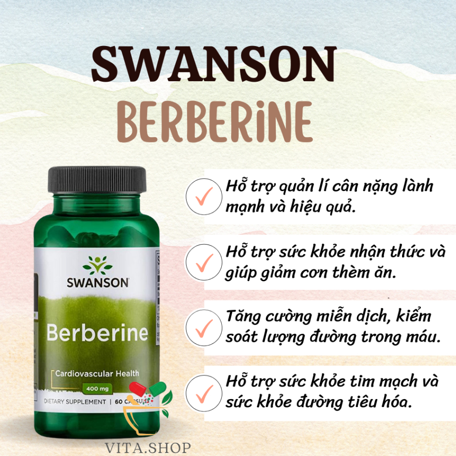 Swanson Berberine 400mg Viên uống chuyển hóa glucose, hỗ trợ tim mạch và tiêu hóa 60 viên