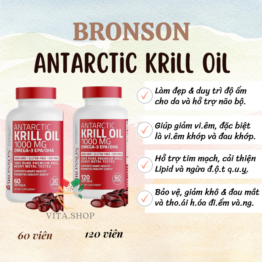 Dầu Nhuyễn Thể Bronson Antarctic Krill Oil Omega 3 EPA/DHA 1000mg -Viên Uống Bổ Mắt, Hỗ Trợ Tim Mạch
