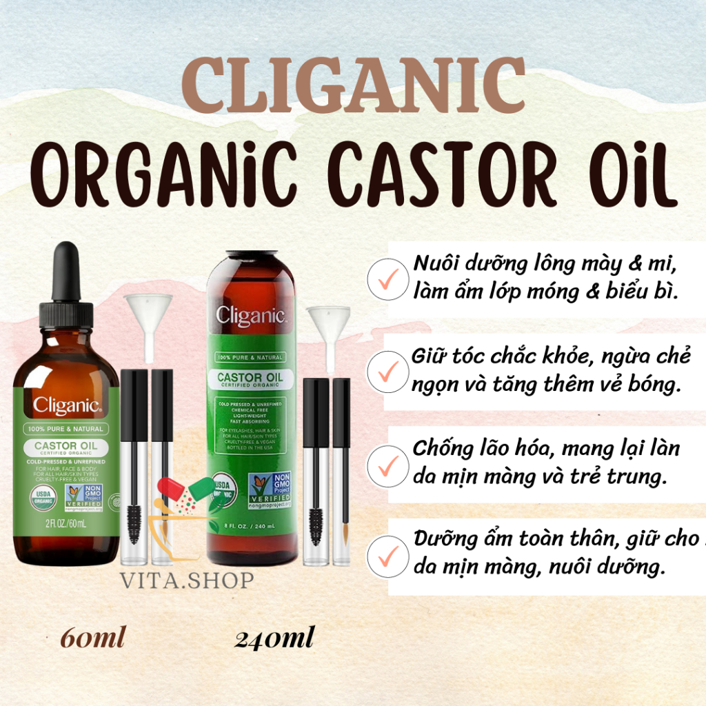 Dầu thầu dầu hữu cơ Cliganic USDA Organic Castor Oil Dùng cho Lông mi, Lông mày, Tóc & Da 100% 240ml