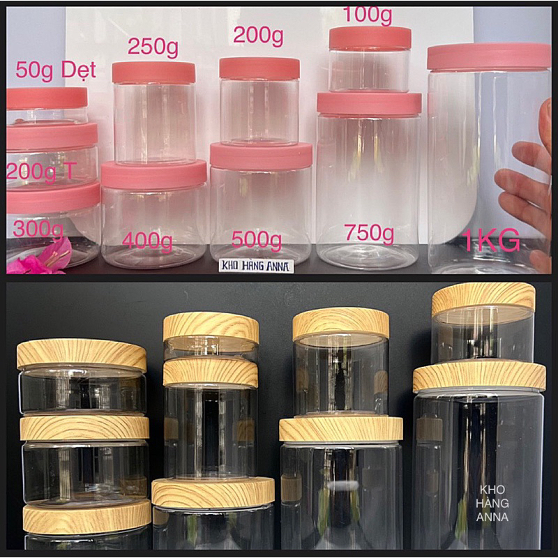 HỦ TRONG nắp nhựa (SET 5 HỦ) HỒNG  NHÁM / nắp GỖ MÀU - Hủ nhựa Mỹ phẩm/ thực phẩm 1kg 500g 300g 200g 100g
