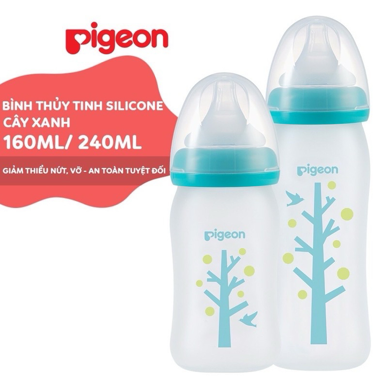 CHÍNH HÃNG Bình sữa thuỷ tinh cổ rộng bọc Silicone Pigeon 160/240ml