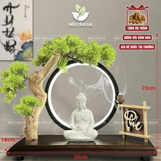 Thác Khói Trầm Hương - Kệ Gỗ Đặt tượng Đức Phật A Di Đà Đèn Led Tròn Cây Bonsai Trang Trí (Chọn Chữ, Tặng Nụ Trầm)