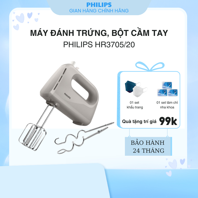 Máy Đánh Trứng, Đánh Bột Cầm Tay PHILIPS HR3705 - Chức Năng Turbo Mạnh Mẽ + 5 Tốc Độ Đánh Thông Minh - Bảo Hành 24 Tháng