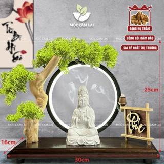 Thác Khói Trầm Hương - Kệ Gỗ Đặt Tượng Quan Âm Đèn Led Tròn Cây Bonsai Trang Trí (Chọn Chữ, Tặng Nụ Trầm)