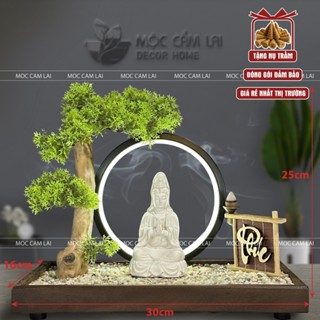 Thác Khói Trầm Hương Phật Quan Âm Đế Gỗ Rải Sỏi - Tiểu Cảnh Bonsai Thủ Công Trang Trí (Chọn Chữ, Tặng Nụ Trầm)