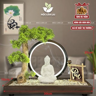 Thác Khói Trầm Hương tượng Đức Phật A Di Đà Đế Gỗ Rải Sỏi - Tiểu Cảnh Bonsai Thủ Công Trang Trí (Chọn Chữ, Tặng Nụ Trầm)
