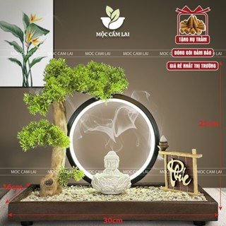 Thác Khói Trầm Hương tượng Chú Tiểu Đế Gỗ Rải Sỏi - Tiểu Cảnh Bonsai Thủ Công Trang Trí (Chọn Chữ, Tặng Nụ Trầm)