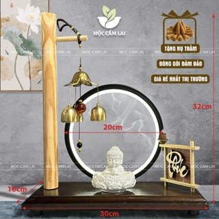 Tiểu Cảnh Xông Trầm Tượng Chú Tiểu - Kệ Treo Chuông Gió Đế Gỗ Đèn Led Tròn Trang Trí (Chọn Chữ, Tặng kèm Nụ Trầm)