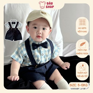 Set body yếm kèm áo sơ mi cho bé trai 6-13kg, body công tử đùi đính nơ dễ thương mặc thôi nôi, đi chơi. Dâu Shop