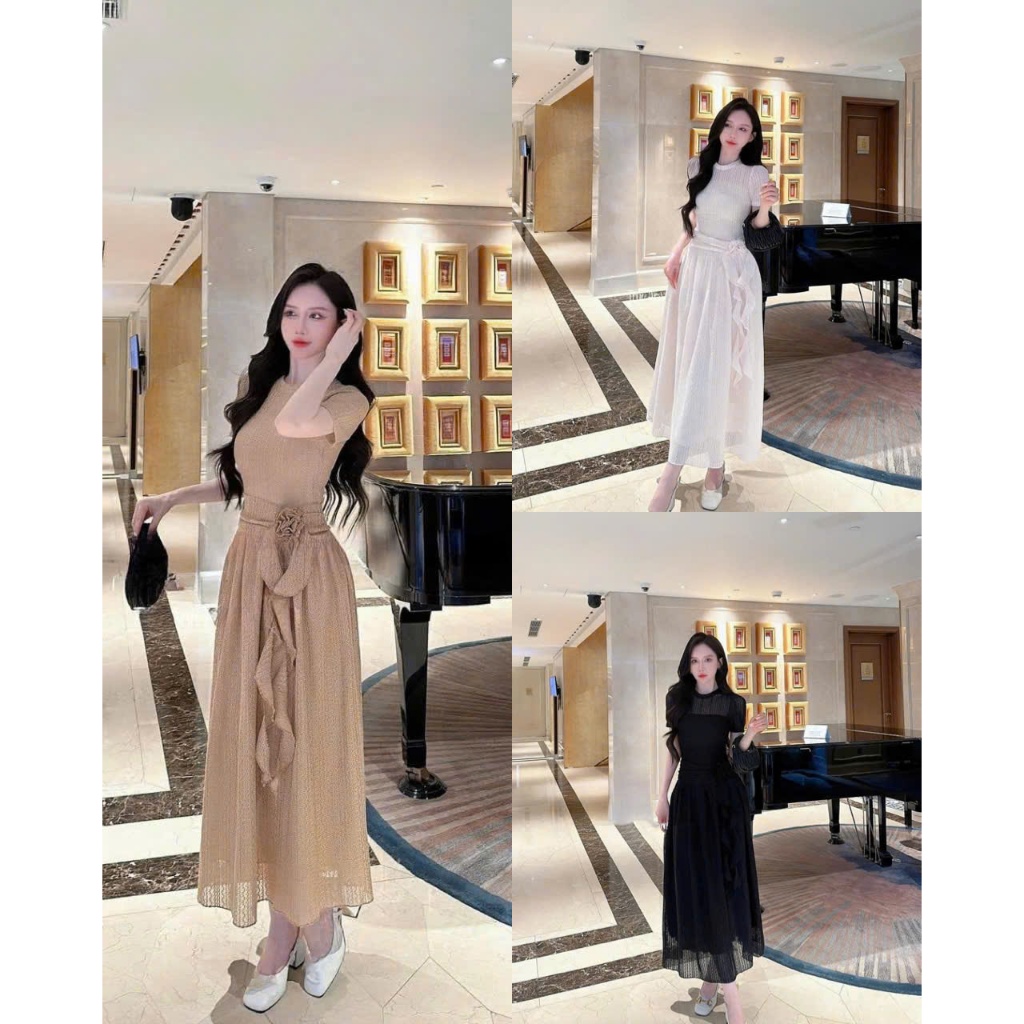 BỐNG - Váy thiết kế ren tay ngắn cổ tròn đính hoa dáng dài kèm áo quây