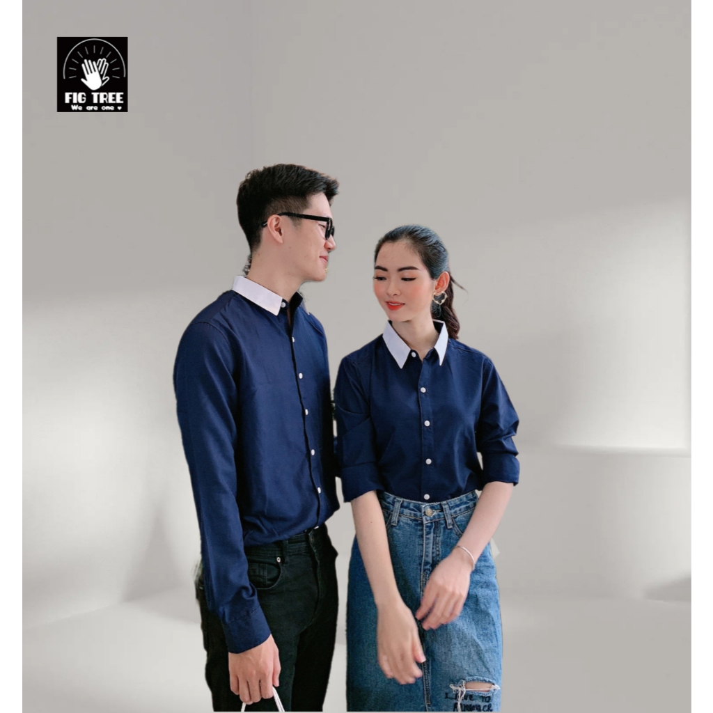 Set Áo Sơ Mi Đôi Fig Tree Xanh Đen Phối Trắng Sang Chảnh Full Size