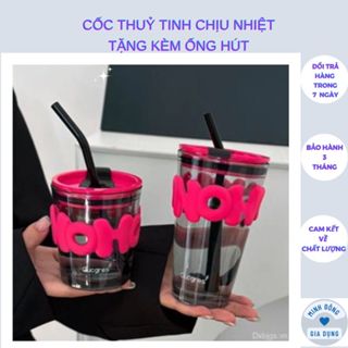 Cốc nước ống hút thủy tinh 350ML - 450ML, cốc uống cà phê cặp đôi thích hợp nhân viên văn phòng sinh viên có nắp