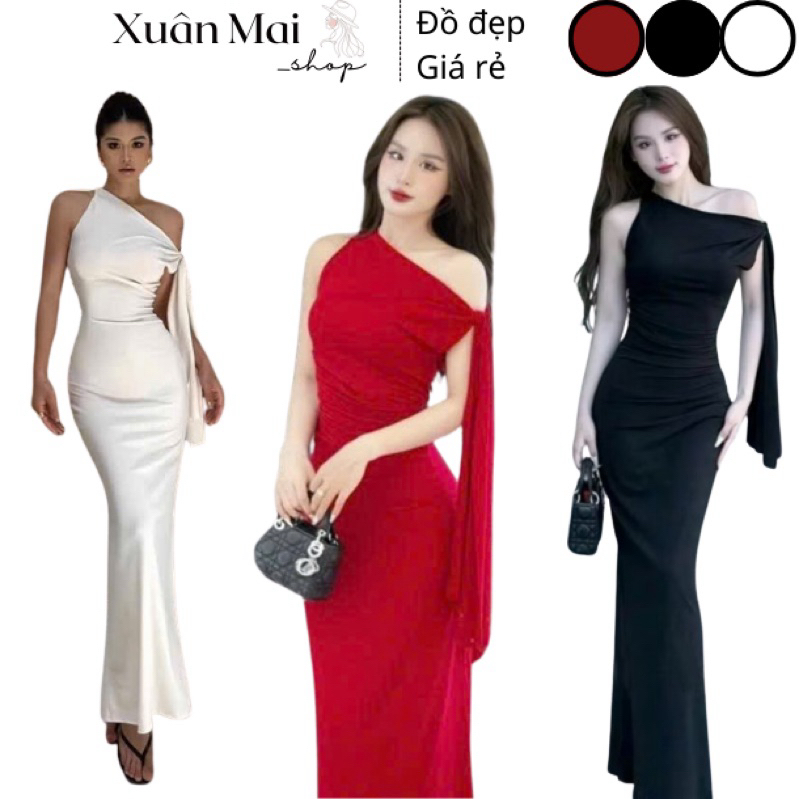  Đầm ôm body form dài chất tăm lạnh vai lệch mặc nhiều kiểu 3 màu đỏ đen trắng mặc Noel lễ Tết 