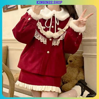 Set đồ nữ - Áo khoác len viền lông đính ren bèo mix với chân váy chữ A cho các nàng diện đi chơi noel kingin22 G148