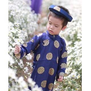 Áo dài Gấm Thái tuấn Bé trai Tím than truyền thống (Áo + quần + mấn, khăn xếp đội đầu)