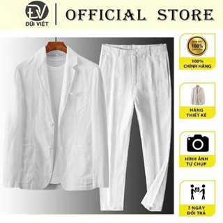 {Hàng Mới Về} Set Linen nam gồm áo Blazer tay dài 2 cúc mix quần dài suông ống rộng có dây rút eo sang trọng, thanh lịch