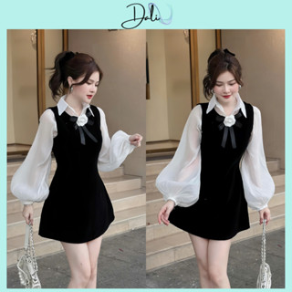 Set Váy Nhung 2 Món Gồm Áo Sơ Mi Tay Bồng Chất Liệu Tơ Mềm Tặng Kèm Ghim Hoa + Váy Yếm Nhung Dáng A