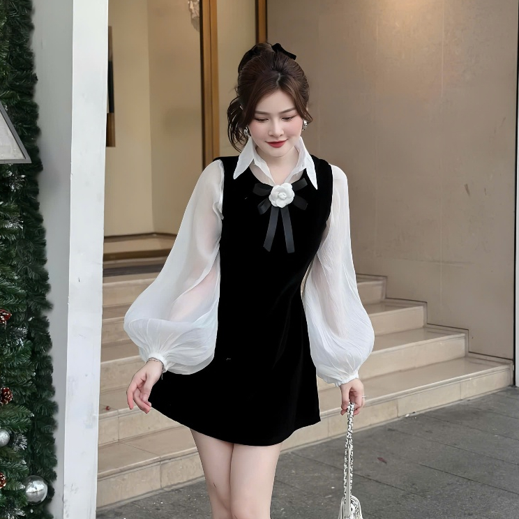 Set Váy Nhung 2 Món Gồm Áo Sơ Mi Tay Bồng Chất Liệu Tơ Mềm Tặng Kèm Ghim Hoa + Váy Yếm Nhung Dáng A | BigBuy360 - bigbuy360.vn