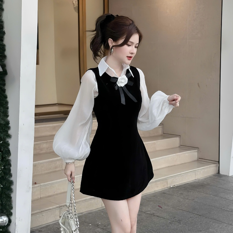 Set Váy Nhung 2 Món Gồm Áo Sơ Mi Tay Bồng Chất Liệu Tơ Mềm Tặng Kèm Ghim Hoa + Váy Yếm Nhung Dáng A | BigBuy360 - bigbuy360.vn