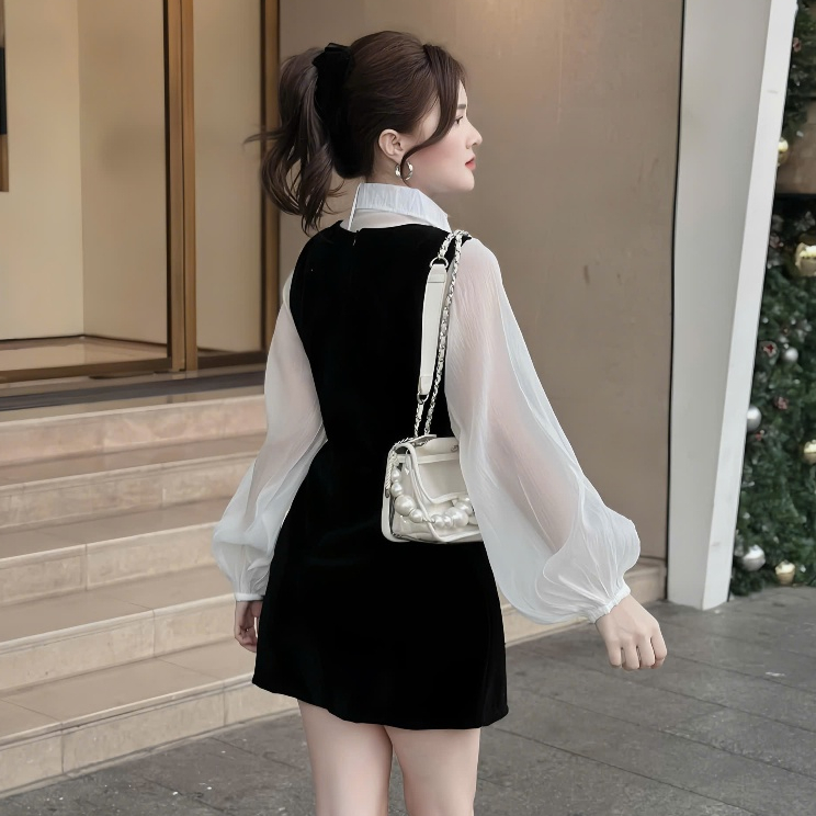 Set Váy Nhung 2 Món Gồm Áo Sơ Mi Tay Bồng Chất Liệu Tơ Mềm Tặng Kèm Ghim Hoa + Váy Yếm Nhung Dáng A | BigBuy360 - bigbuy360.vn