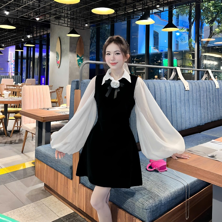 Set Váy Nhung 2 Món Gồm Áo Sơ Mi Tay Bồng Chất Liệu Tơ Mềm Tặng Kèm Ghim Hoa + Váy Yếm Nhung Dáng A | BigBuy360 - bigbuy360.vn
