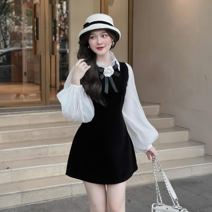 Set Váy Nhung 2 Món Gồm Áo Sơ Mi Tay Bồng Chất Liệu Tơ Mềm Tặng Kèm Ghim Hoa + Váy Yếm Nhung Dáng A | BigBuy360 - bigbuy360.vn