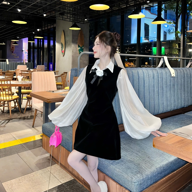 Set Váy Nhung 2 Món Gồm Áo Sơ Mi Tay Bồng Chất Liệu Tơ Mềm Tặng Kèm Ghim Hoa + Váy Yếm Nhung Dáng A | BigBuy360 - bigbuy360.vn