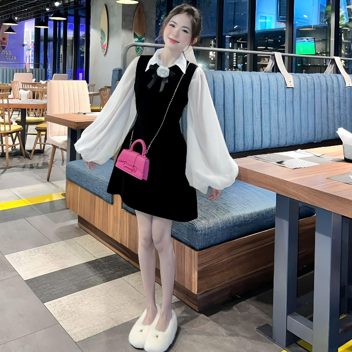 Set Váy Nhung 2 Món Gồm Áo Sơ Mi Tay Bồng Chất Liệu Tơ Mềm Tặng Kèm Ghim Hoa + Váy Yếm Nhung Dáng A | BigBuy360 - bigbuy360.vn