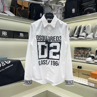 Áo sơ mi trắng nam dài tay DSQ lụa nến in chữ hình D2 Class 1964 phối sọc chữ ống tay boy phố SM171P