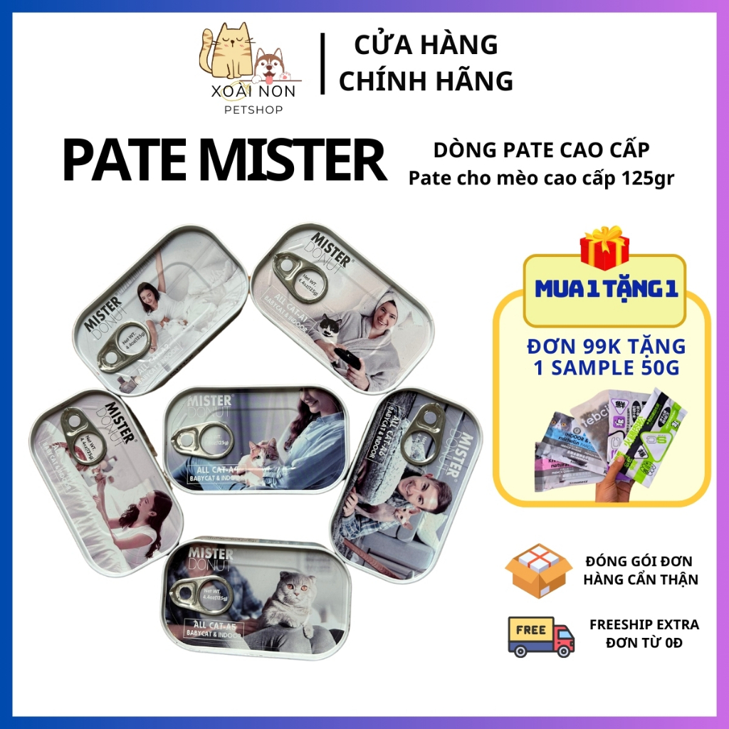 Pate Mister Donut pate cao cấp nhiều thịt nhiều dinh dưỡng lon 125gr dành cho mèo- Xoài Non Petshop