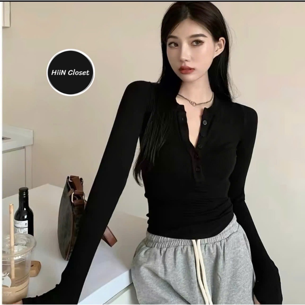 Áo thun nữ tay dài cúc ngực ôm body cực xịnh HiiNCloset - 109 | BigBuy360 - bigbuy360.vn