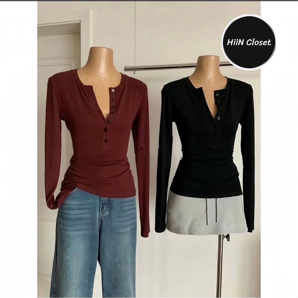 Áo thun nữ tay dài cúc ngực ôm body cực xịnh HiiNCloset - 109 | BigBuy360 - bigbuy360.vn